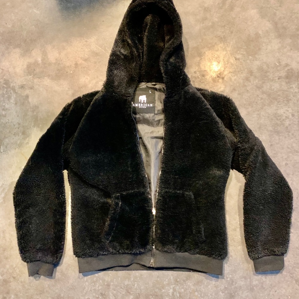 American Stitch Faux Fur Hooded Jacket in Black
